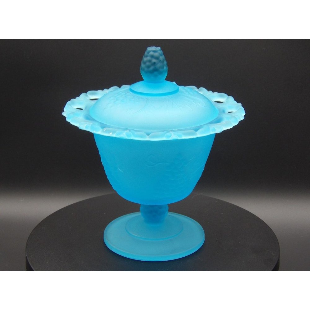 Vintage Light Blue Satin Glass Open Lace Compote Candy Dish 7" H